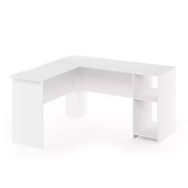 Bureau d'ordinateur en L avec étagères ouvertes, blanc