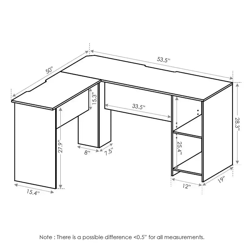 Bureau d'ordinateur en L avec étagères ouvertes, blanc