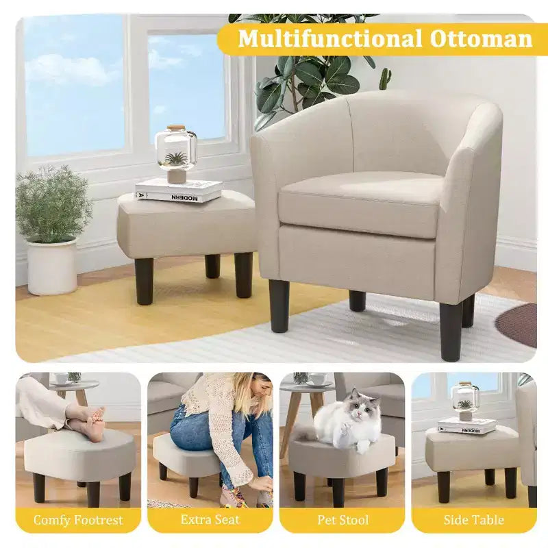 Fauteuil club tonneau et son pouf – Dossier incurvé et coussin amovible, Gris/Beige