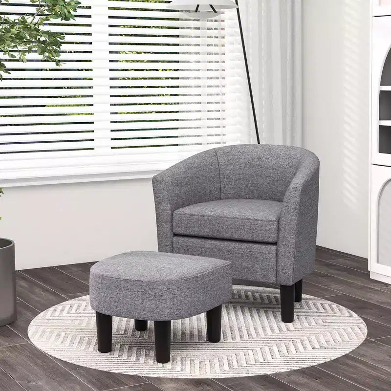 Fauteuil club tonneau et son pouf – Dossier incurvé et coussin amovible, Gris/Beige