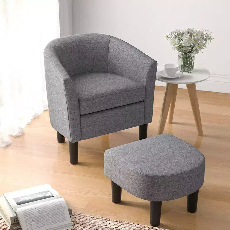Fauteuil club tonneau et son pouf – Dossier incurvé et coussin amovible, Gris/Beige