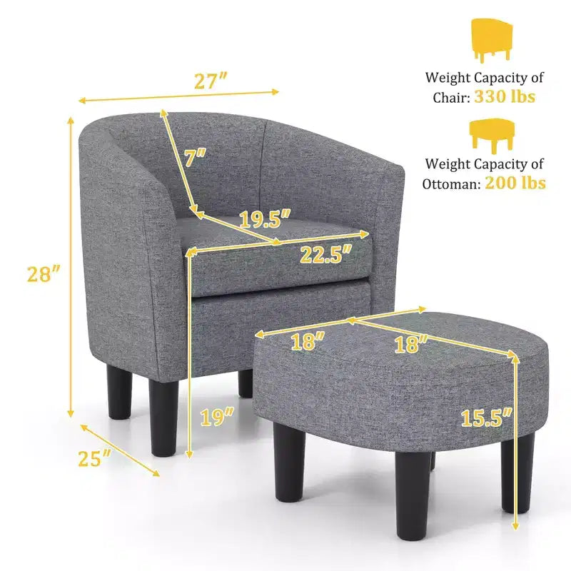 Fauteuil club tonneau et son pouf – Dossier incurvé et coussin amovible, Gris/Beige