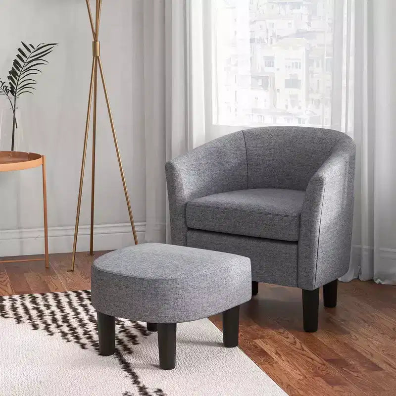 Fauteuil club tonneau et son pouf – Dossier incurvé et coussin amovible, Gris/Beige