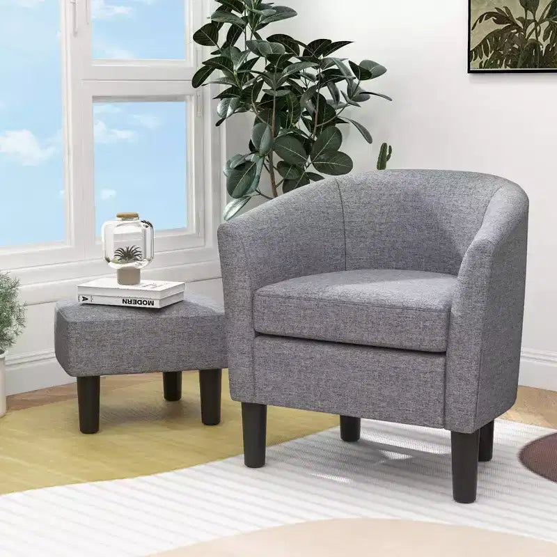 Fauteuil club tonneau et son pouf – Dossier incurvé et coussin amovible, Gris/Beige