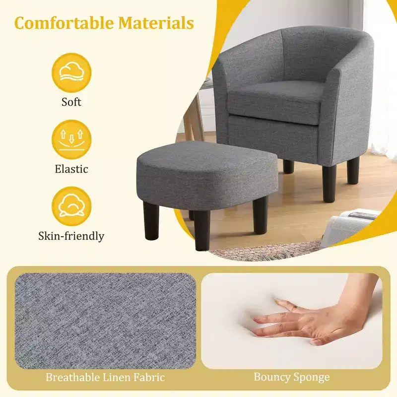 Fauteuil club tonneau et son pouf – Dossier incurvé et coussin amovible, Gris/Beige