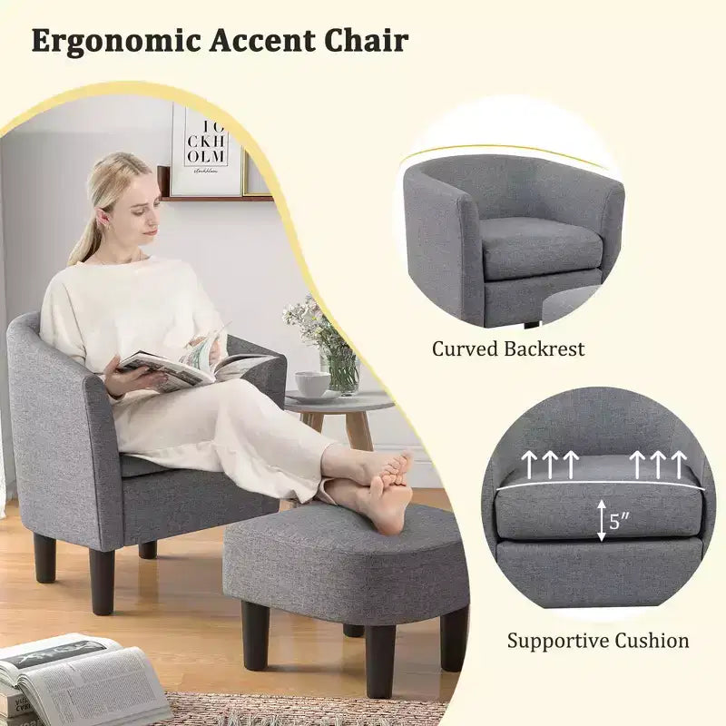 Fauteuil club tonneau et son pouf – Dossier incurvé et coussin amovible, Gris/Beige