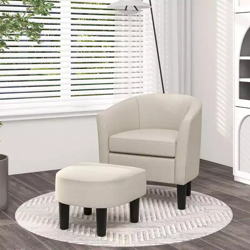Fauteuil club tonneau et son pouf – Dossier incurvé et coussin amovible, Gris/Beige