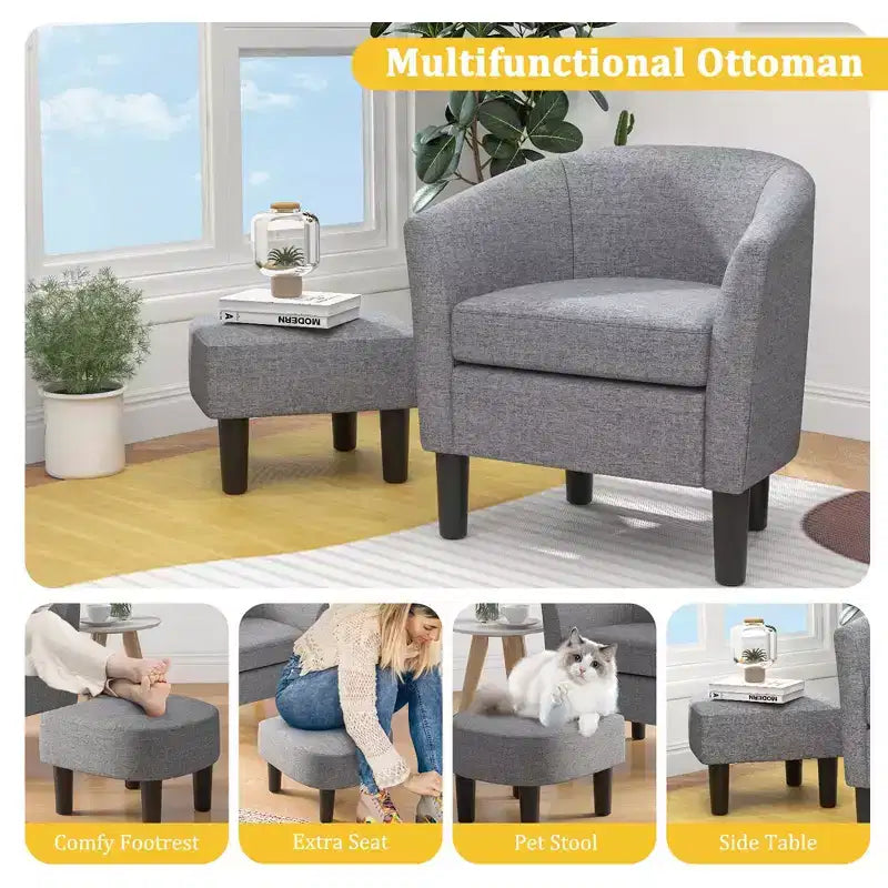 Fauteuil club tonneau et son pouf – Dossier incurvé et coussin amovible, Gris/Beige
