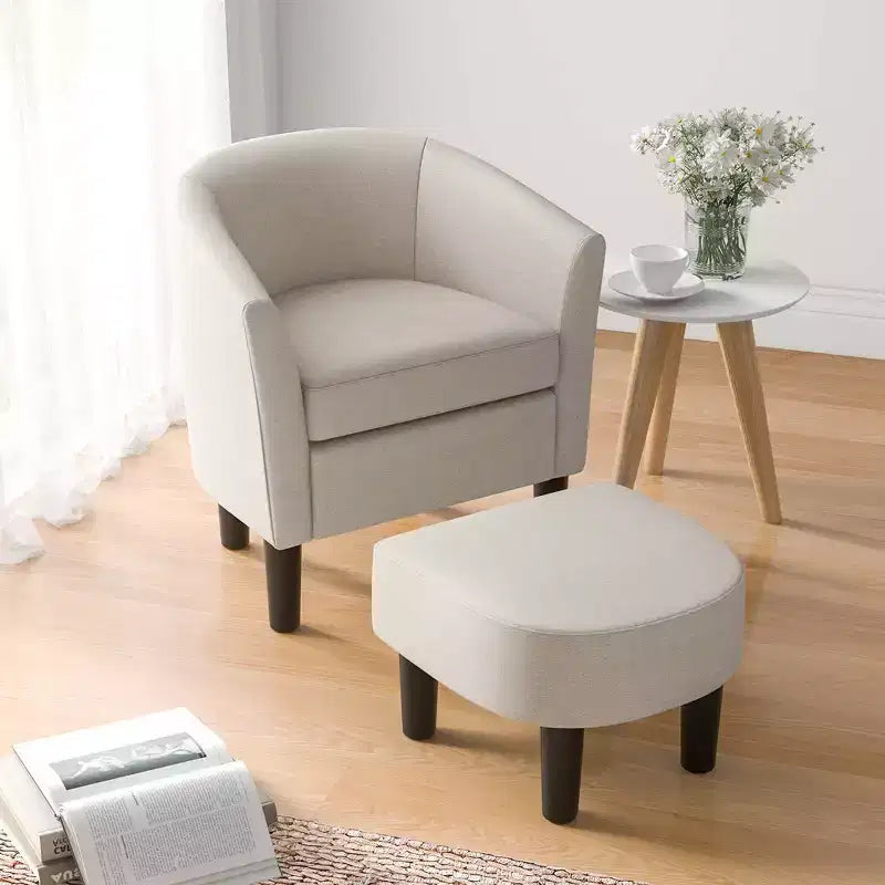 Fauteuil club tonneau et son pouf – Dossier incurvé et coussin amovible, Gris/Beige