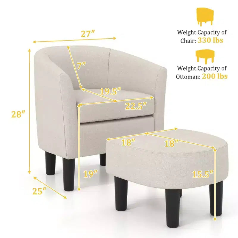 Fauteuil club tonneau et son pouf – Dossier incurvé et coussin amovible, Gris/Beige