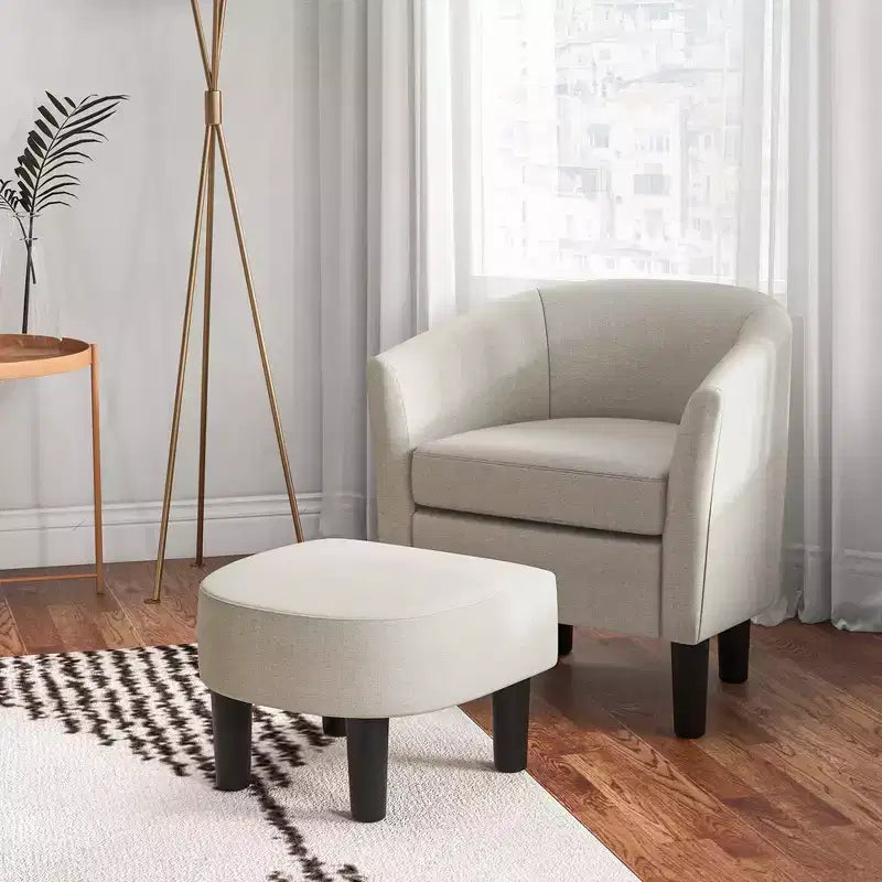 Fauteuil club tonneau et son pouf – Dossier incurvé et coussin amovible, Gris/Beige