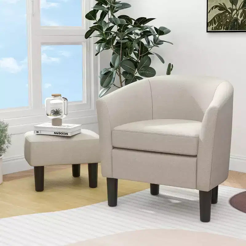 Fauteuil club tonneau et son pouf – Dossier incurvé et coussin amovible, Gris/Beige