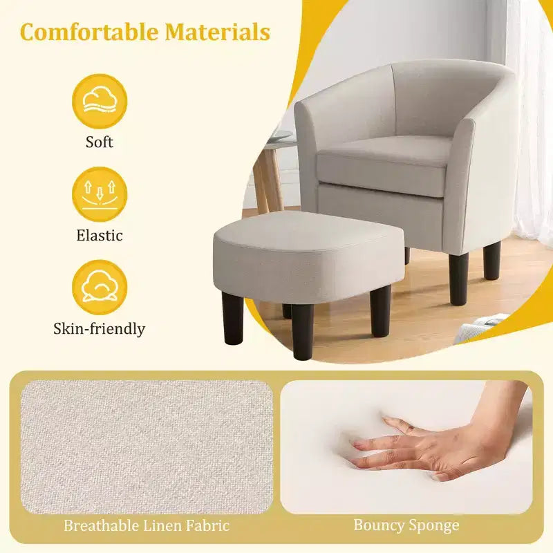 Fauteuil club tonneau et son pouf – Dossier incurvé et coussin amovible, Gris/Beige