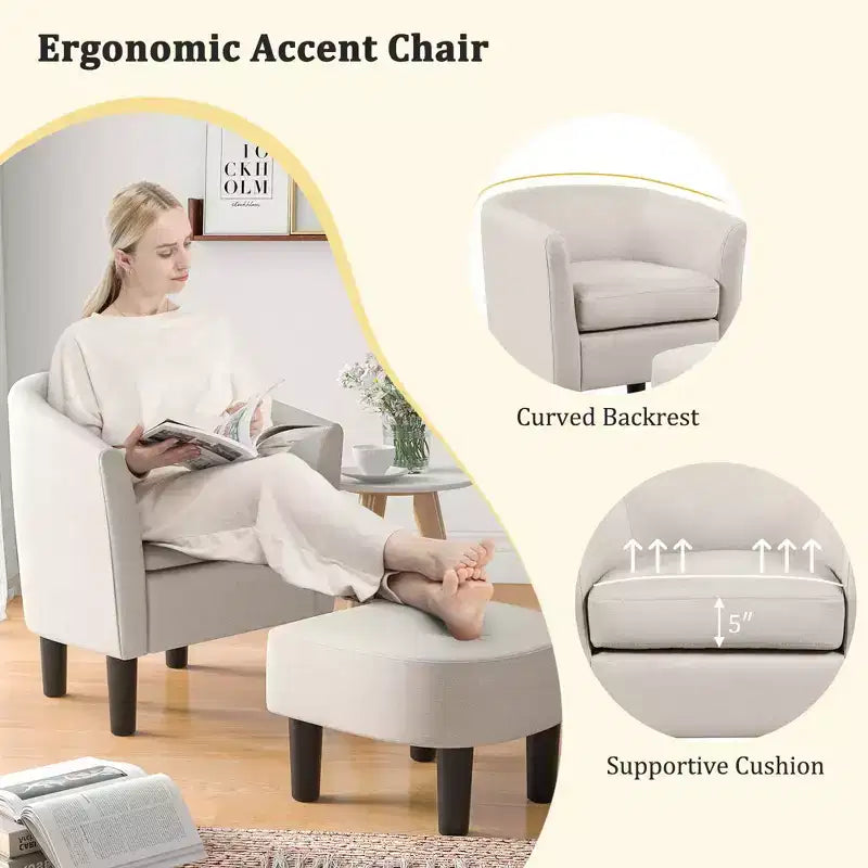 Fauteuil club tonneau et son pouf – Dossier incurvé et coussin amovible, Gris/Beige