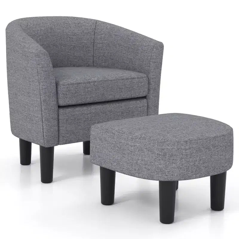Fauteuil club tonneau et son pouf – Dossier incurvé et coussin amovible, Gris/Beige