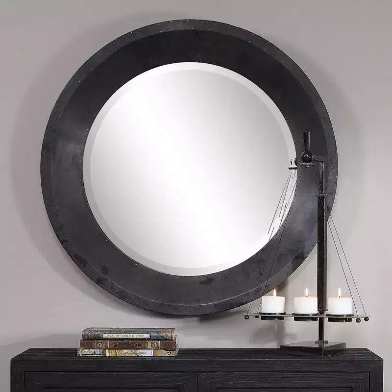 Miroir mural rond surdimensionné de 102 cm – Cadre industriel gris foncé, Verre biseauté