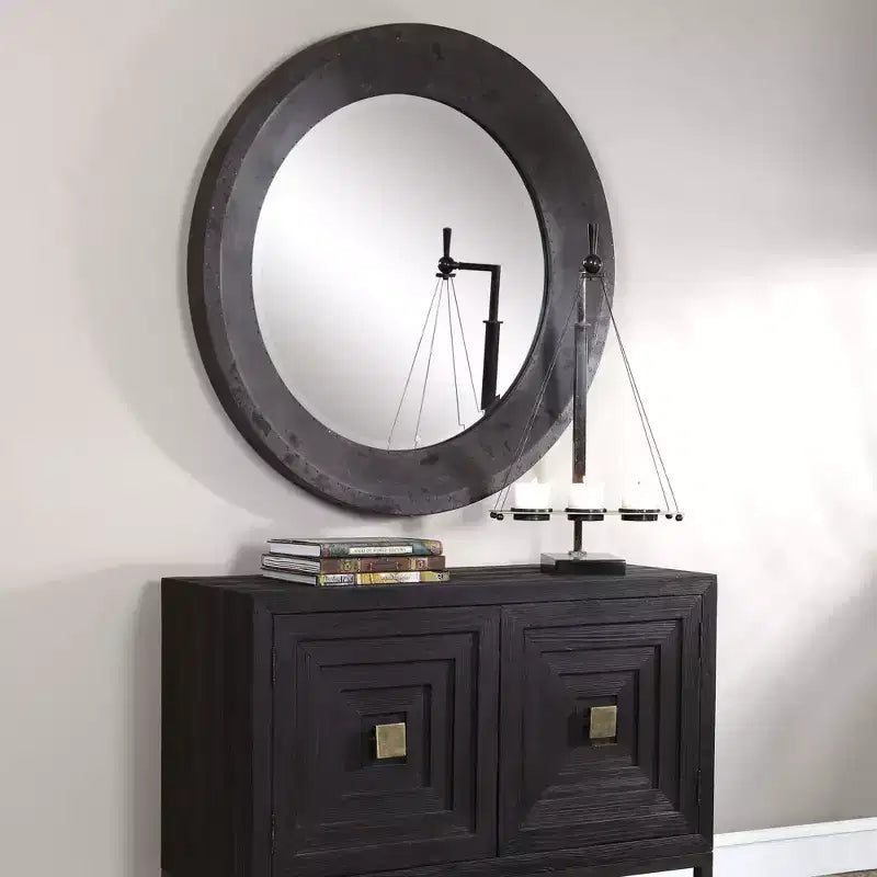 Miroir mural rond surdimensionné de 102 cm – Cadre industriel gris foncé, Verre biseauté