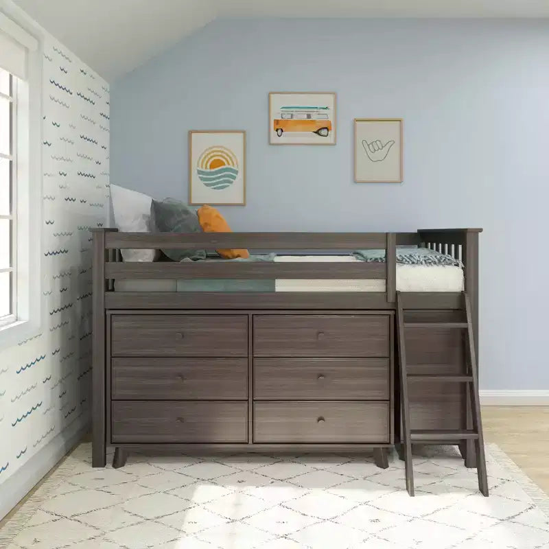 Lit mi-hauteur simple avec bureau coulissant et commodes à 3 tiroirs