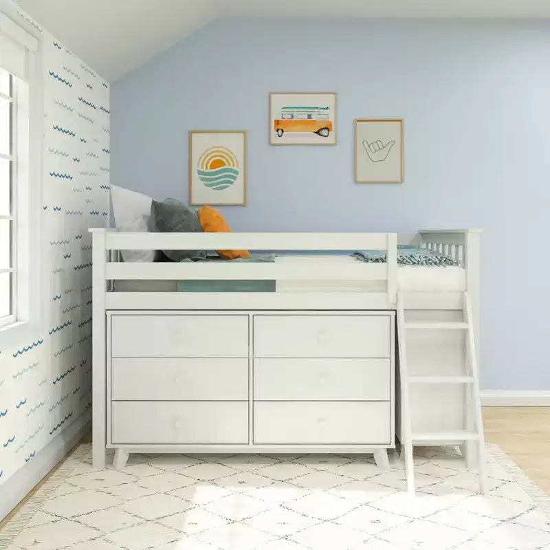 Lit mi-hauteur simple avec bureau coulissant et commodes à 3 tiroirs