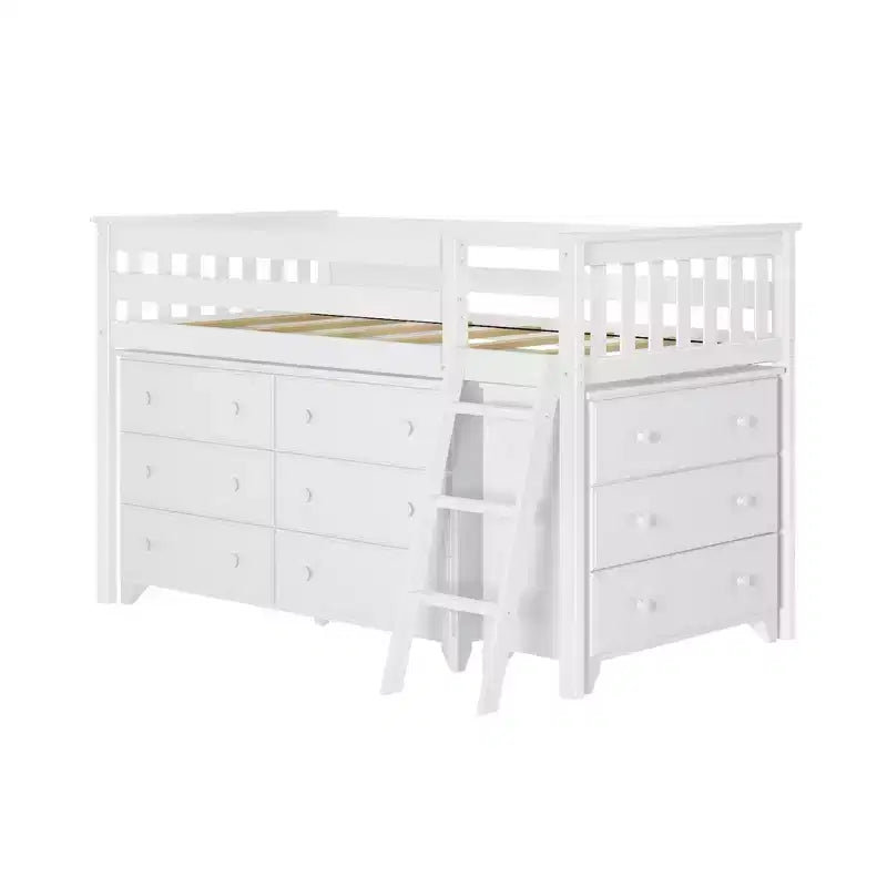 Lit mi-hauteur simple avec bureau coulissant et commodes à 3 tiroirs