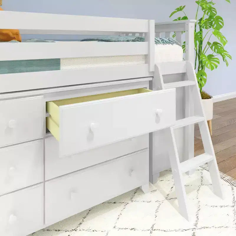 Lit mi-hauteur simple avec bureau coulissant et commodes à 3 tiroirs