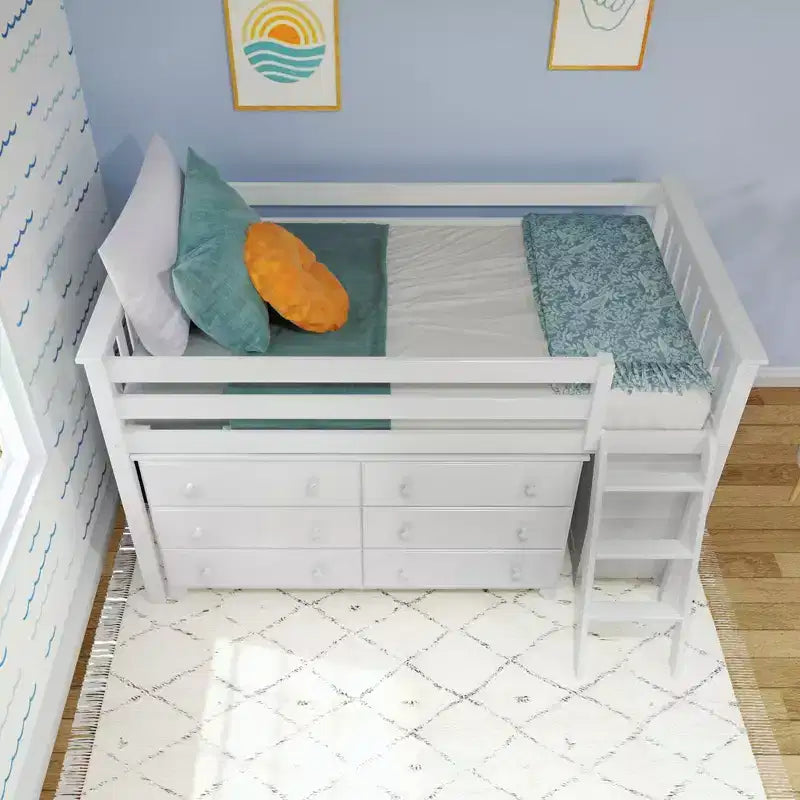 Lit mi-hauteur simple avec bureau coulissant et commodes à 3 tiroirs
