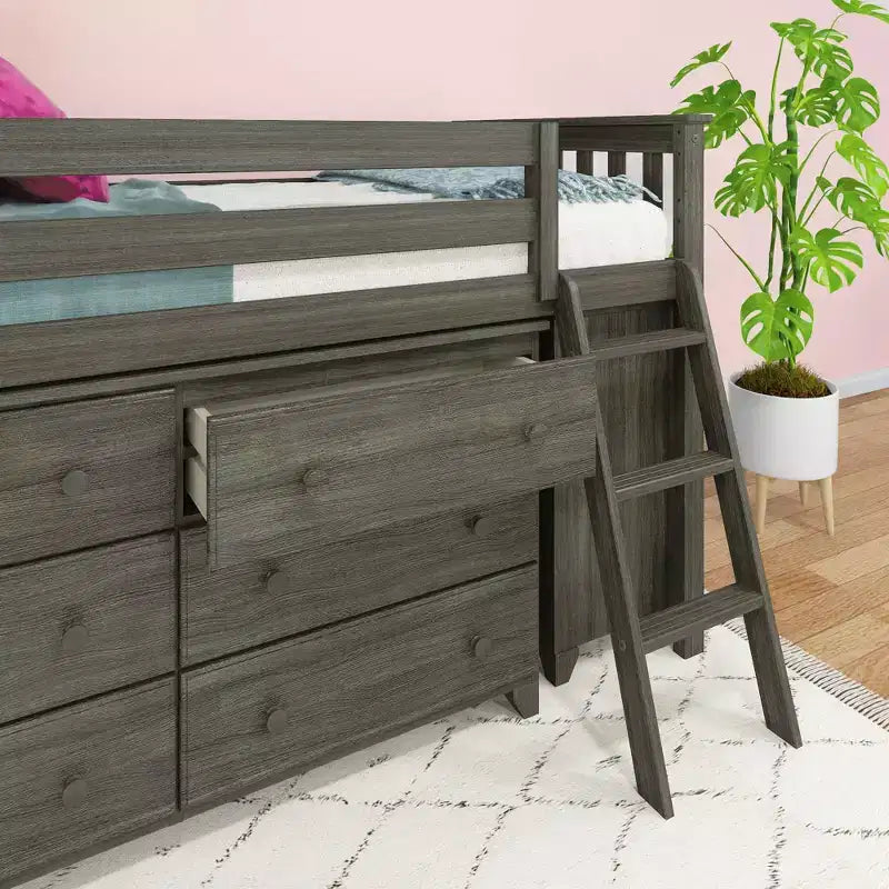 Lit mi-hauteur simple avec bureau coulissant et commodes à 3 tiroirs