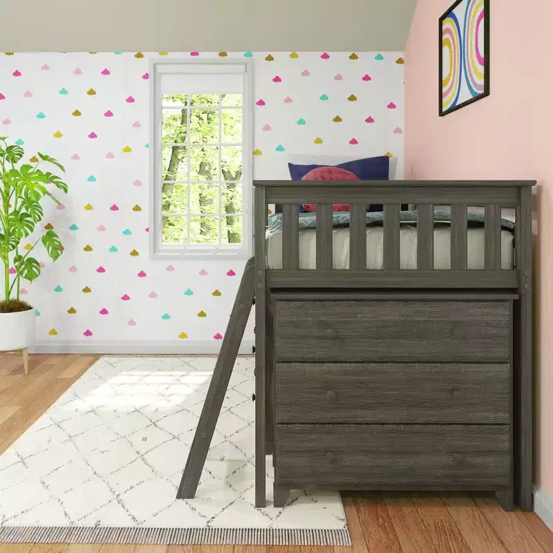 Lit mi-hauteur simple avec bureau coulissant et commodes à 3 tiroirs