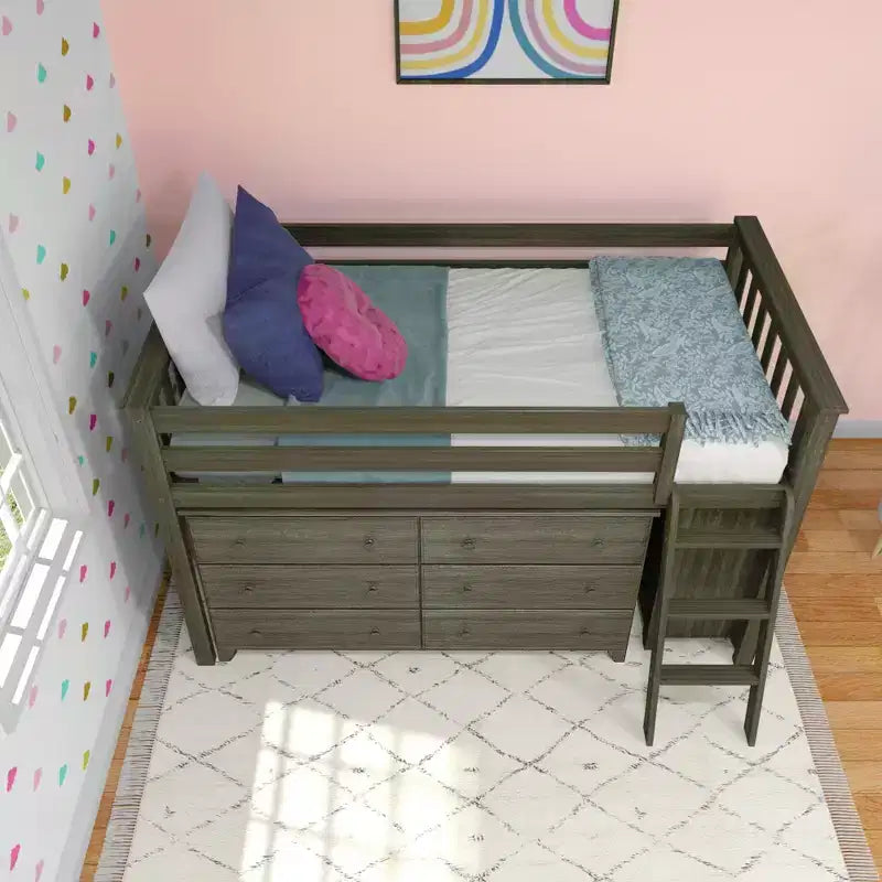 Lit mi-hauteur simple avec bureau coulissant et commodes à 3 tiroirs