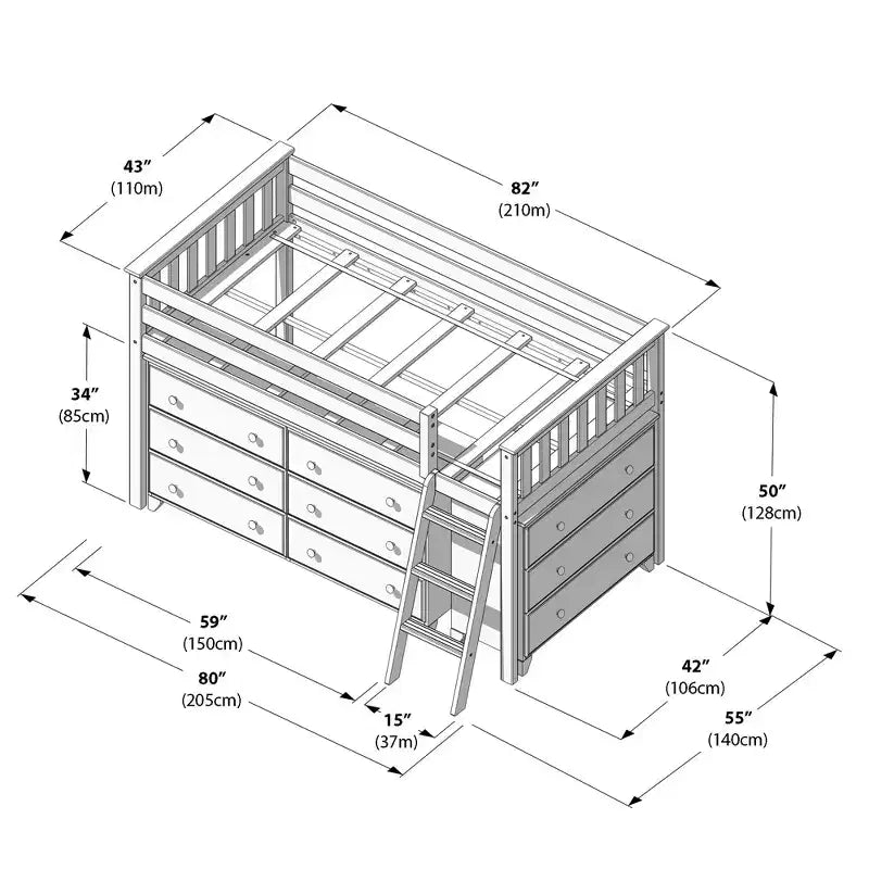 Lit mi-hauteur simple avec bureau coulissant et commodes à 3 tiroirs