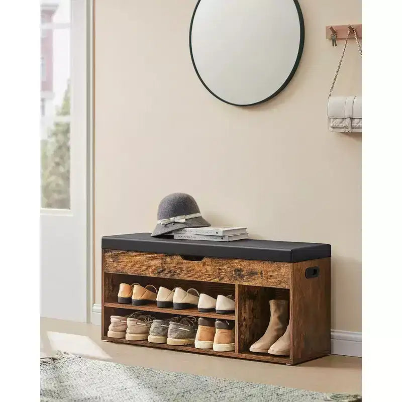 Banc à chaussures avec coussin, 3 compartiments, Marron rustique et noir