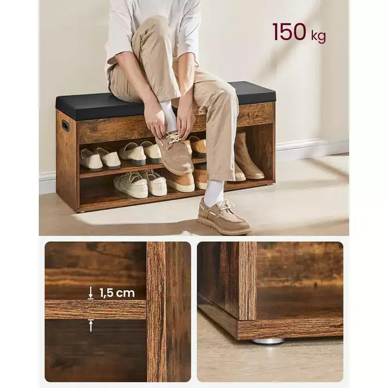 Banc à chaussures avec coussin, 3 compartiments, Marron rustique et noir