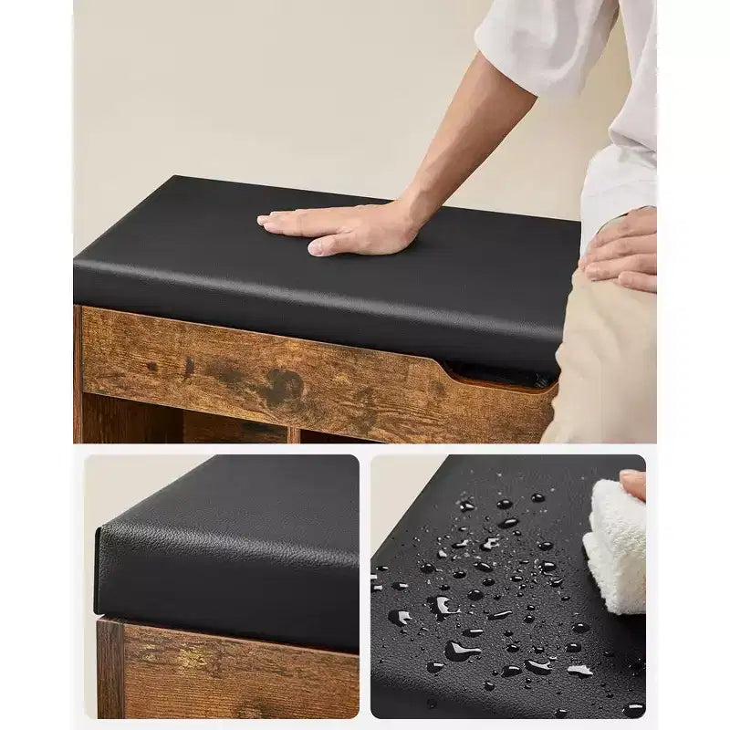 Banc à chaussures avec coussin, 3 compartiments, Marron rustique et noir