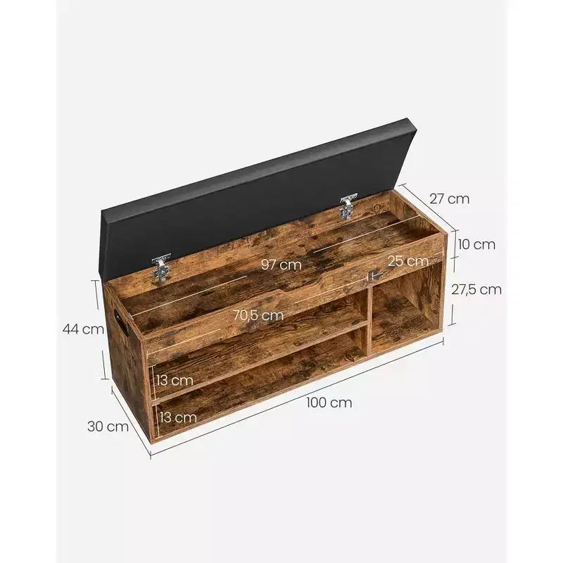Banc à chaussures avec coussin, 3 compartiments, Marron rustique et noir