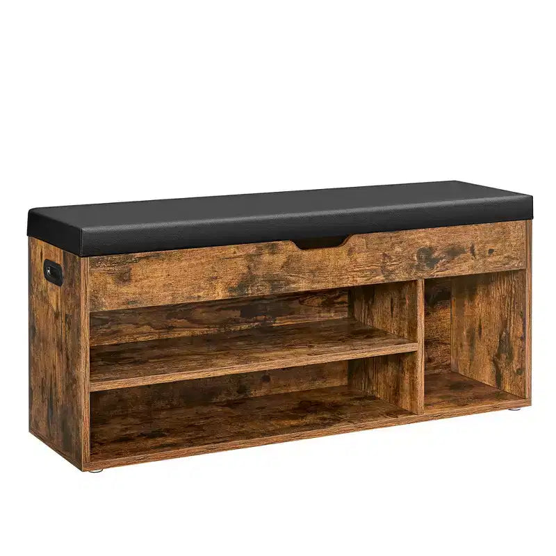 Banc à chaussures avec coussin, 3 compartiments, Marron rustique et noir