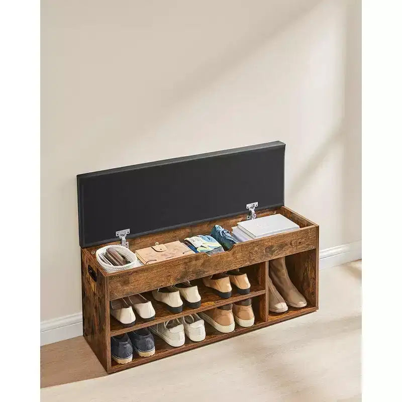 Banc à chaussures avec coussin, 3 compartiments, Marron rustique et noir
