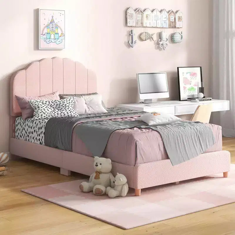 Cadre de lit plateforme double pour enfants, capitonné, taille double avec support de lattes en bois