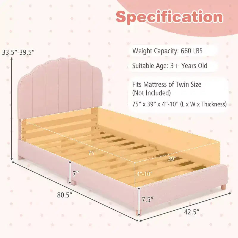 Cadre de lit plateforme double pour enfants, capitonné, taille double avec support de lattes en bois