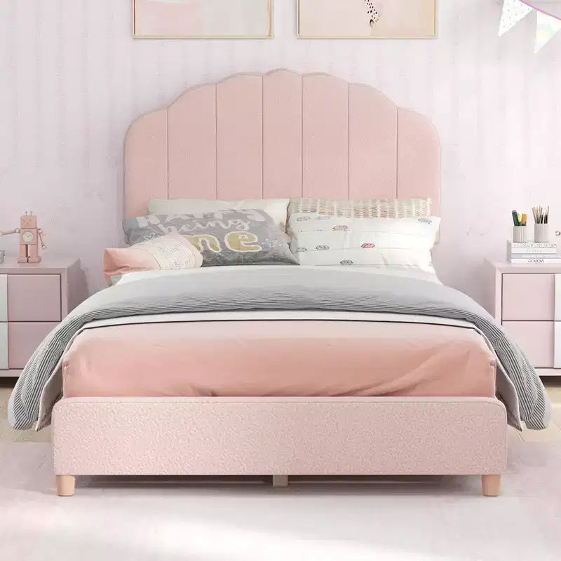 Cadre de lit plateforme double pour enfants, capitonné, taille double avec support de lattes en bois