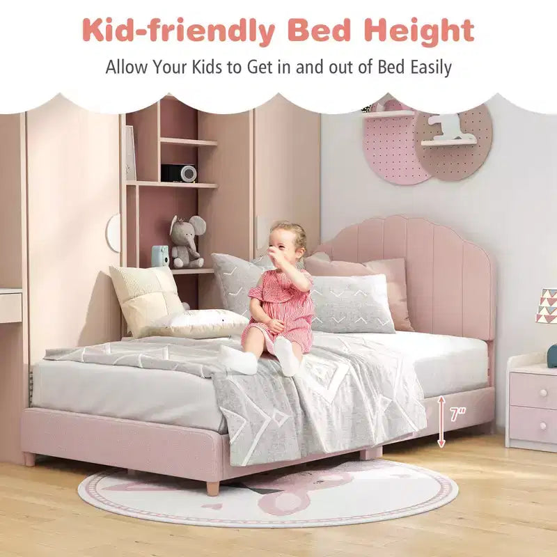 Cadre de lit plateforme double pour enfants, capitonné, taille double avec support de lattes en bois