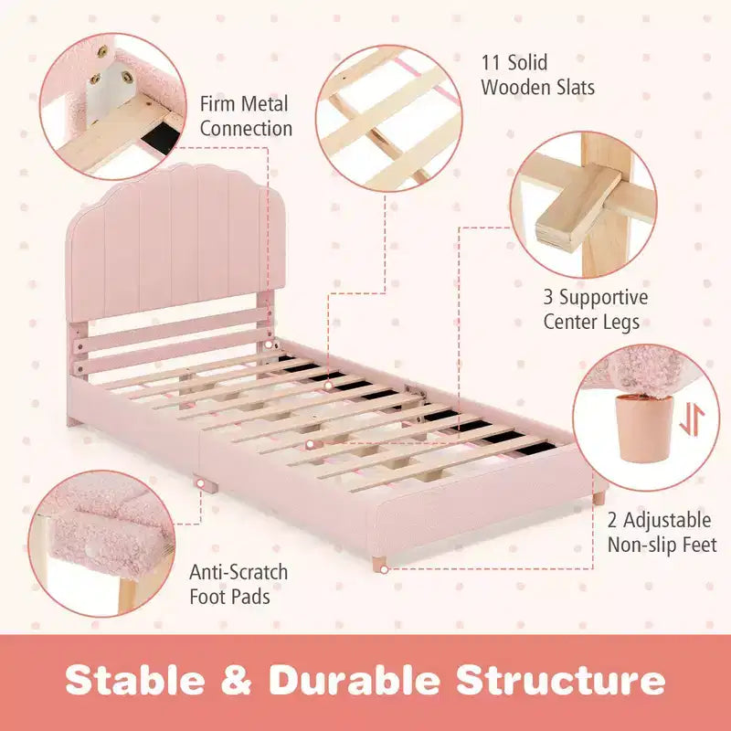 Cadre de lit plateforme double pour enfants, capitonné, taille double avec support de lattes en bois