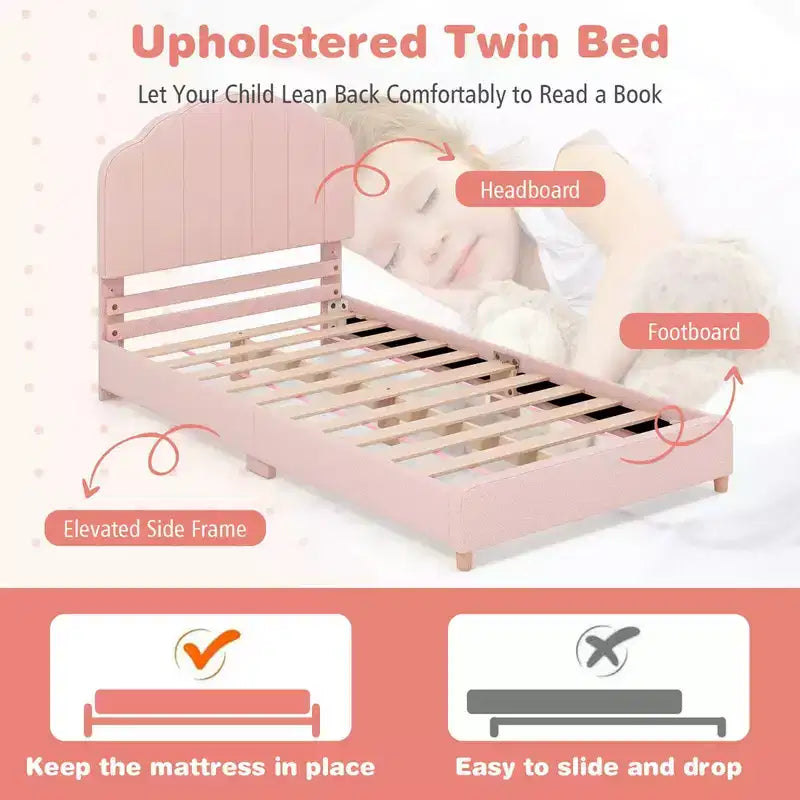 Cadre de lit plateforme double pour enfants, capitonné, taille double avec support de lattes en bois