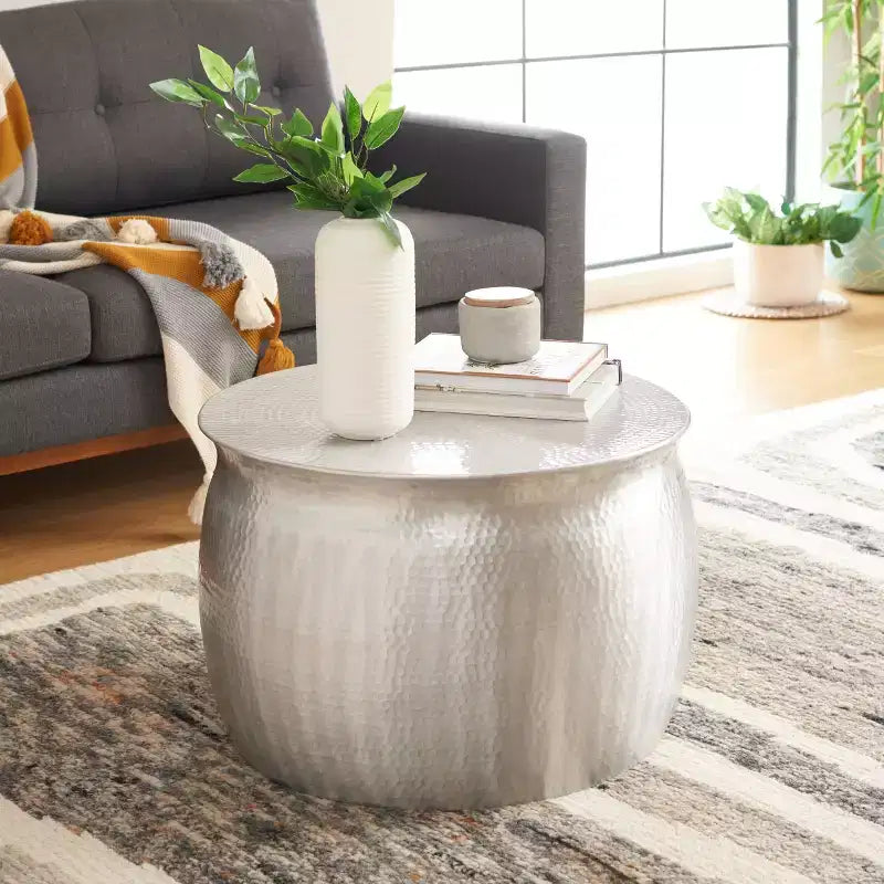 Tabouret de table rond en aluminium martelé – Argent, capacité de 125 kg