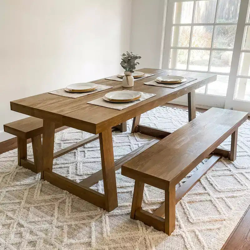 Table de salle à manger de ferme 72 po en bois massif pour 6 personnes – Piètement à tréteaux, fini brossé
