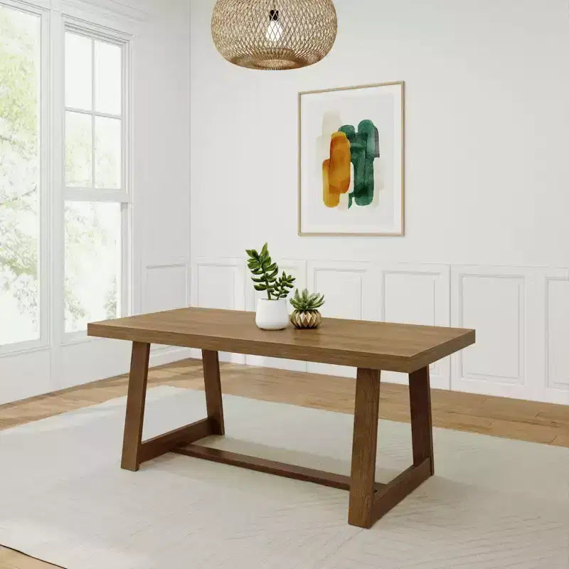 Table de salle à manger de ferme 72 po en bois massif pour 6 personnes – Piètement à tréteaux, fini brossé