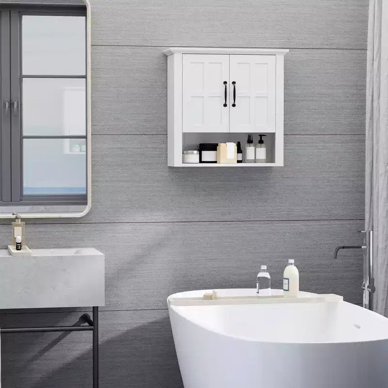 Armoire à pharmacie à 3 niveaux, armoire murale de salle de bain avec étagère réglable et 2 portes pour couloir, salon, blanc