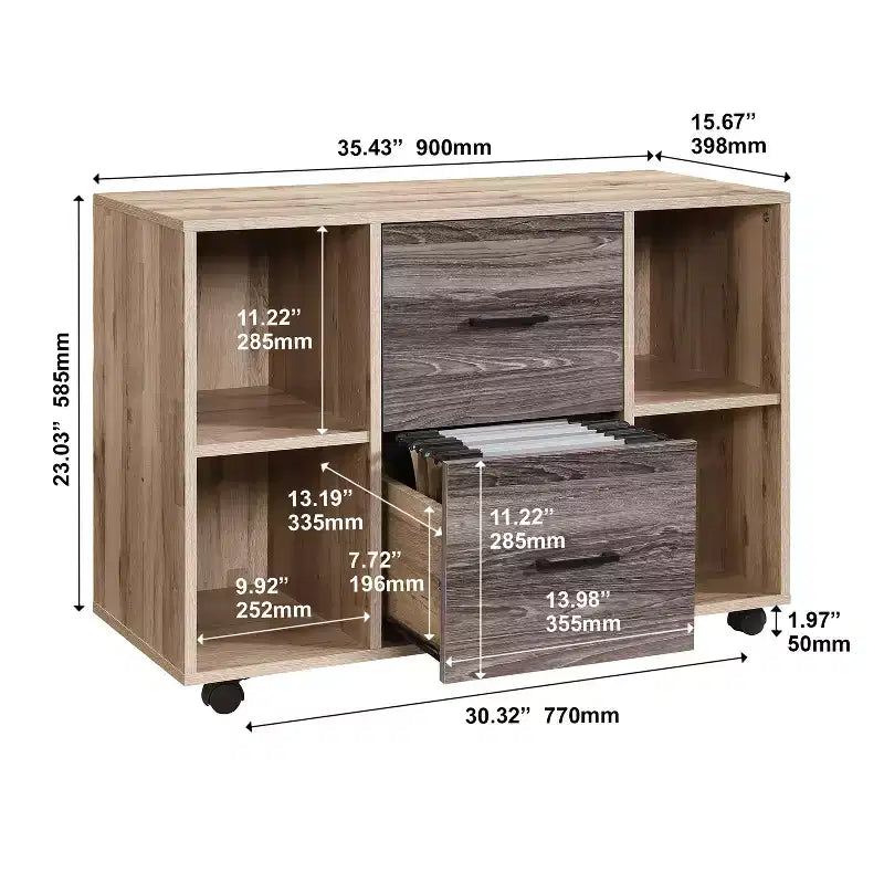 Classeur latéral mobile 3 tiroirs de 99 cm – Meuble d'appoint pour imprimante avec étagères de rangement ouvertes