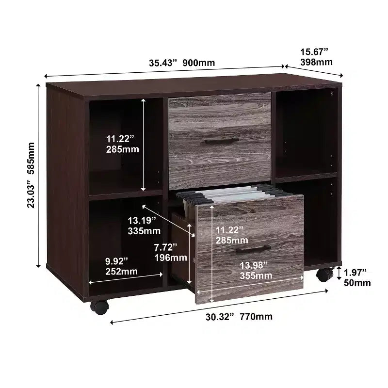 Classeur latéral mobile 3 tiroirs de 99 cm – Meuble d'appoint pour imprimante avec étagères de rangement ouvertes