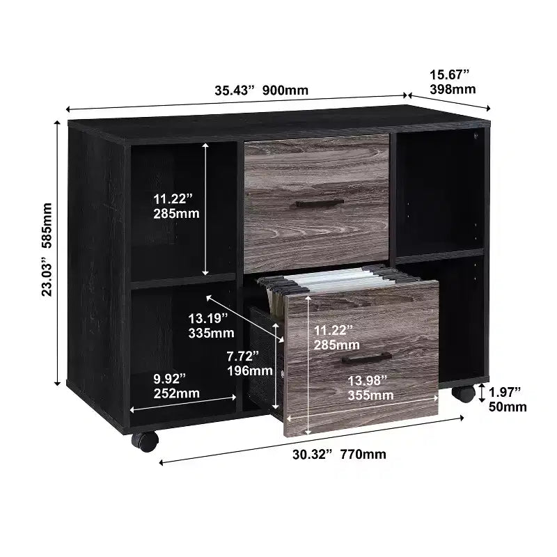 Classeur latéral mobile 3 tiroirs de 99 cm – Meuble d'appoint pour imprimante avec étagères de rangement ouvertes