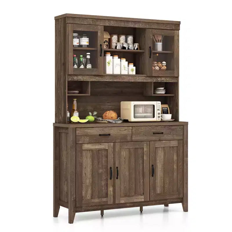 Meuble de rangement de cuisine avec plan de travail pour micro-ondes, doubles portes vitrées et 2 tiroirs
